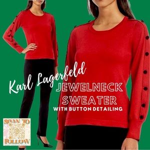 KARL LAGERFELD PARIS LONG SLEEVED SWEATER WITH BUTTONS AND SCALLOPED DET…